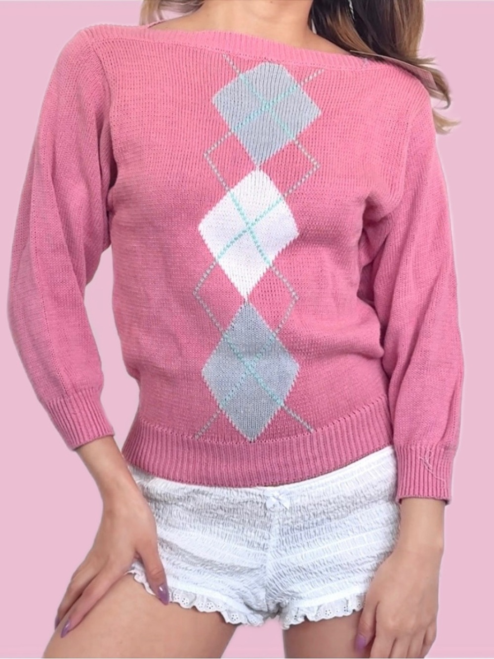 🐚 NEW 80s VINTAGE ARGYLE PINK SWEATER